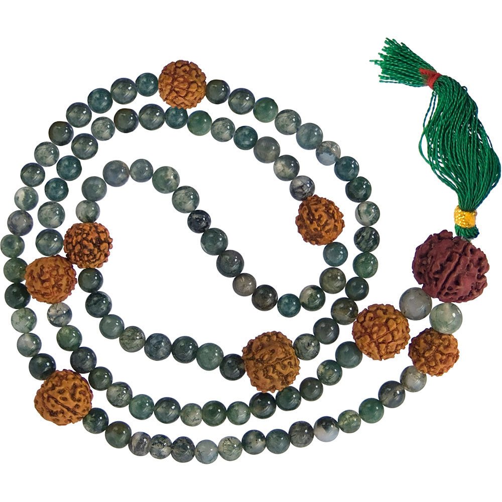 Rudraskha Seeds and Moss Agate Mala Beads | My Little Magic Shop
