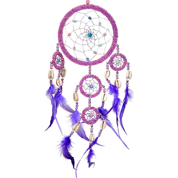 Purple and pink beaded dreamcatcher with cowrie shells and feathers, handcrafted for dream protection and peaceful sleep rituals.