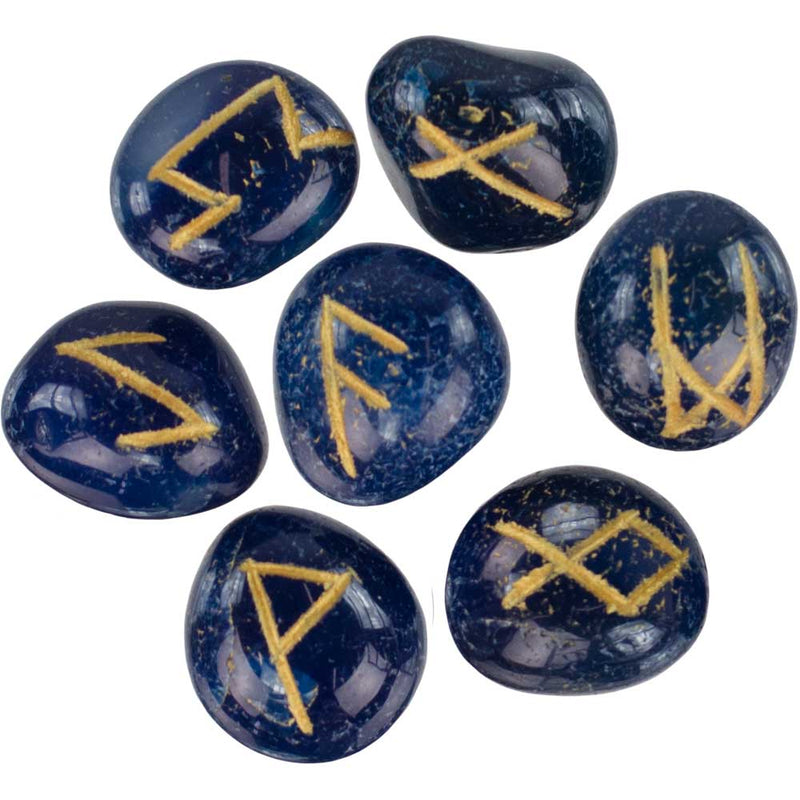 Blue Onyx Rune Set – 25-piece polished crystal divination set with gold-etched Elder Futhark symbols for clarity, calm, and protective insight.