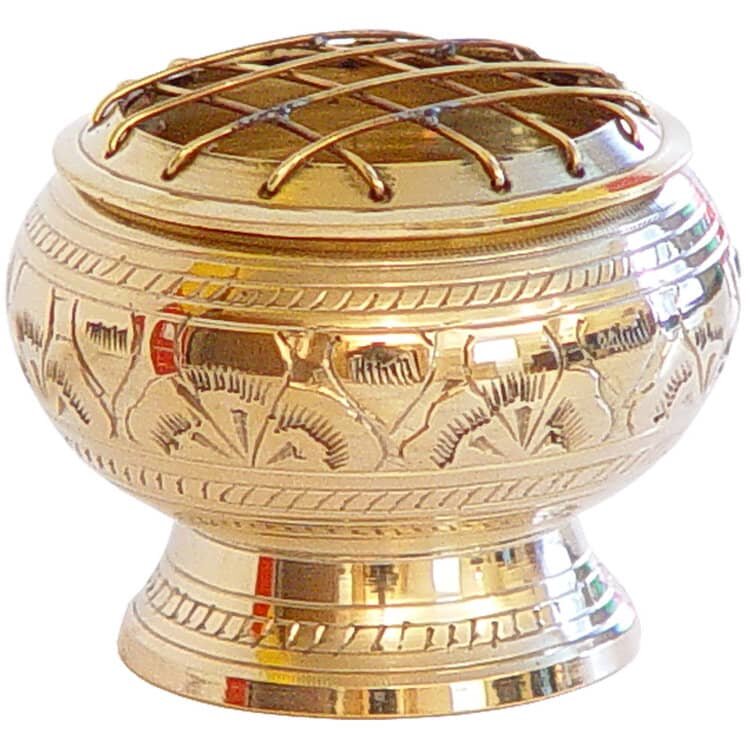 Brass Charcoal Burning Incense Burner with Grid Engraved Flowers