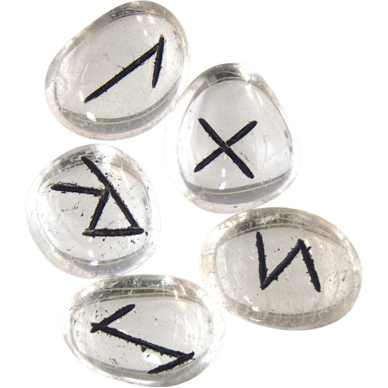 Clear Quartz Rune Set – 25 polished crystal runes with gold-etched Elder Futhark symbols for intuitive clarity, amplification, and spiritual divination.