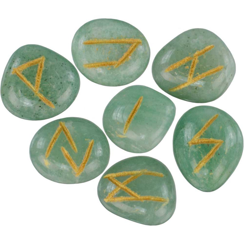 Green Aventurine Rune Set – 25-piece polished crystal divination set etched with gold Elder Futhark runes, ideal for abundance, heart healing, and intuitive magic.