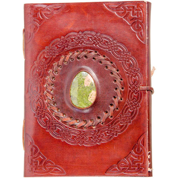 Leather Journal with Stone | Hand-Tooled Grimoire with Genuine Gemstone