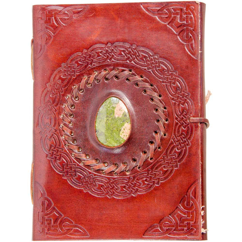 Leather Journal with Stone | Hand-Tooled Grimoire with Genuine Gemstone