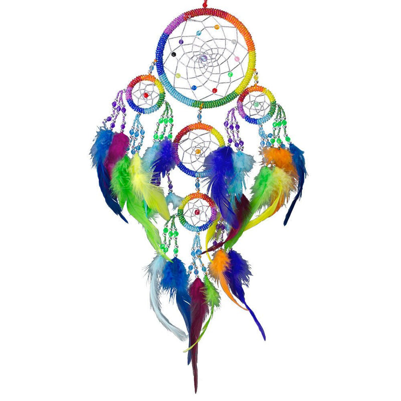 Rainbow Beaded Chakra Dreamcatcher – Colorful dreamcatcher with seven chakra beads and feathers for energy healing and dream protection.

