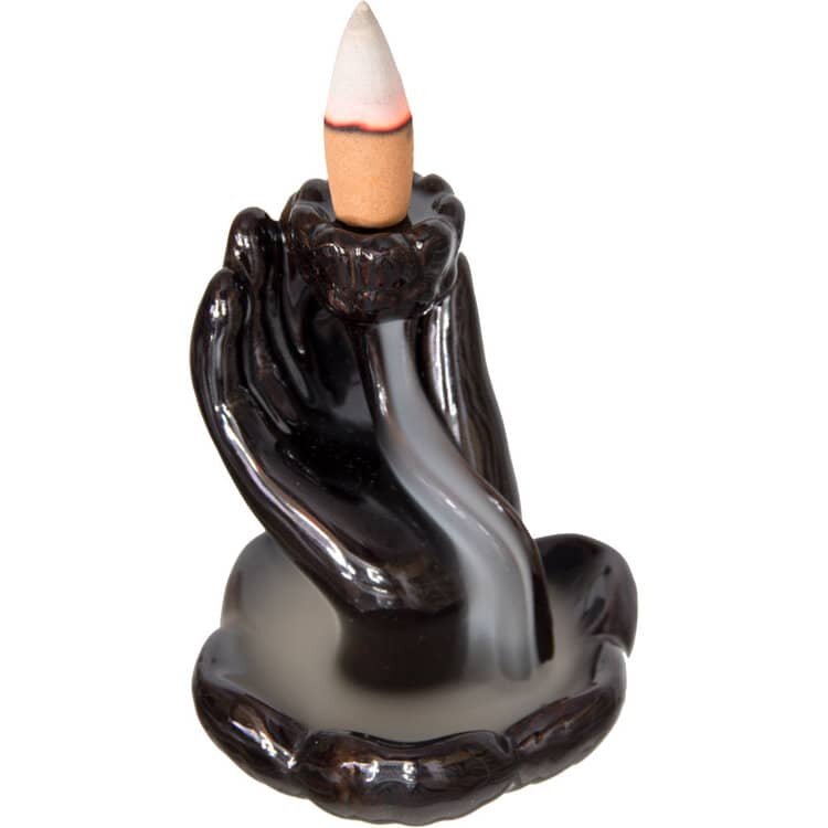 Small Mudra Backflow Incense Burner in Black Ceramic with Hand and Lotus Flowers | My Little Magic Shop
