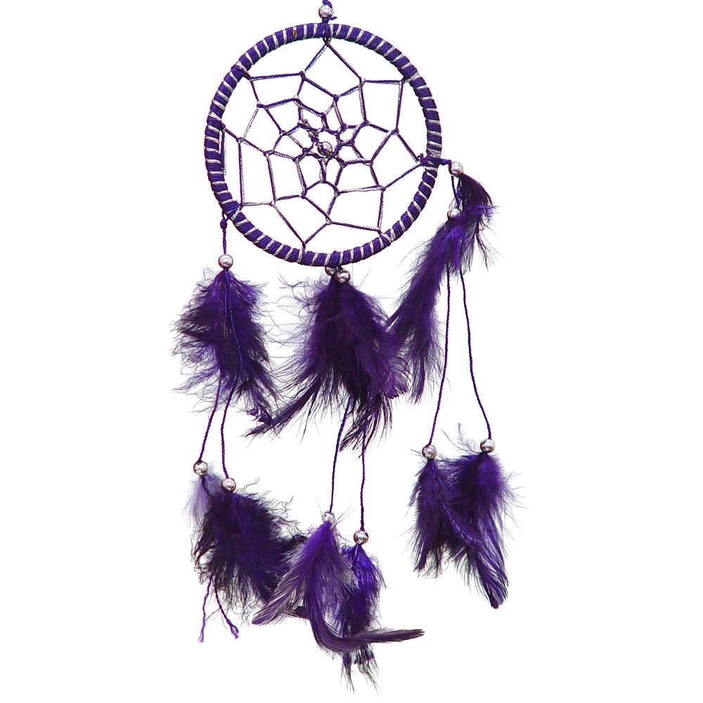 Small Dreamcatcher with Purple Feathers – Bohemian-style dreamcatcher for peaceful sleep, spiritual protection, and mystical home decor.