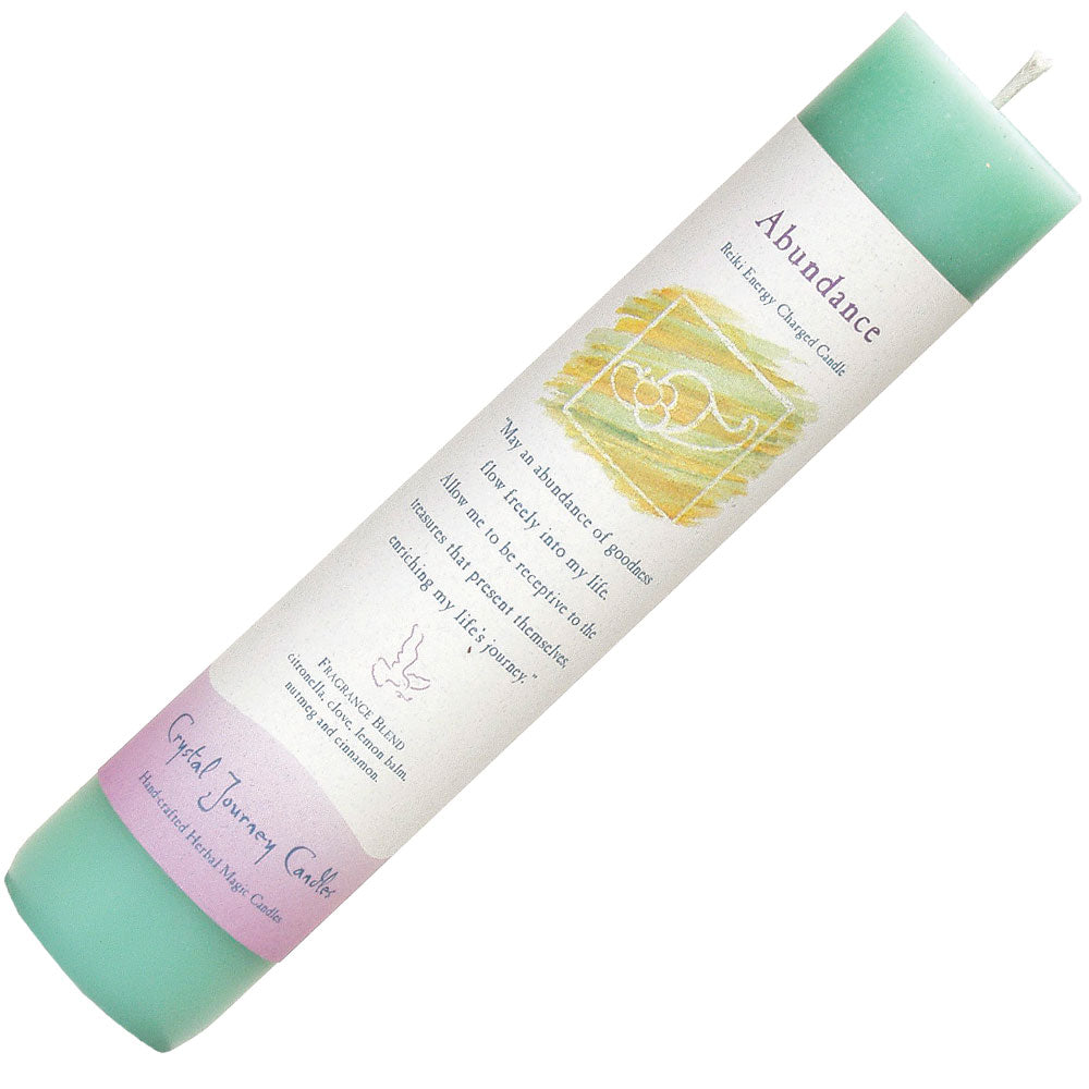 Green Reiki-infused manifestation pillar candle for abundance rituals, styled with citrine crystals, herbs, and intention paper on a prosperity altar.