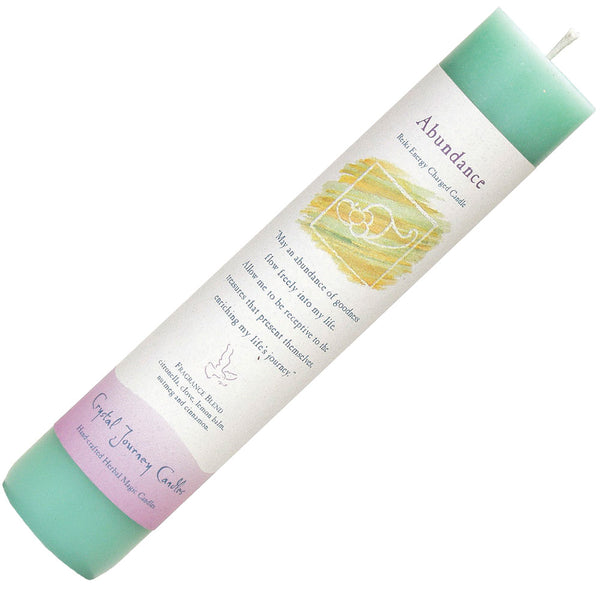 Green Reiki-infused manifestation pillar candle for abundance rituals, styled with citrine crystals, herbs, and intention paper on a prosperity altar.