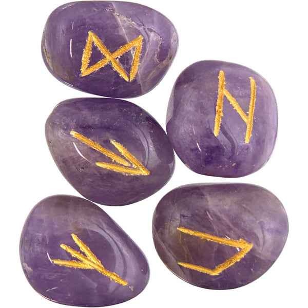 Amethyst Rune Set – 25-piece polished crystal rune set with gold-etched Elder Futhark symbols for intuition, protection, and spiritual guidance.