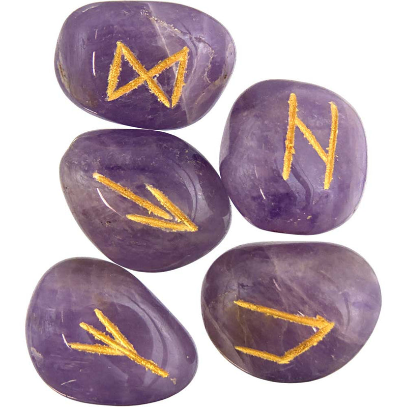 Amethyst Rune Set – 25-piece polished crystal rune set with gold-etched Elder Futhark symbols for intuition, protection, and spiritual guidance.