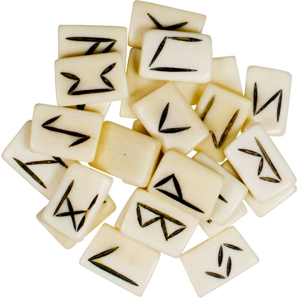 Bone Gemstone Rune Set – 25-piece natural rune set carved from bone and gemstone, with Elder Futhark symbols for spiritual insight and ancestral grounding.