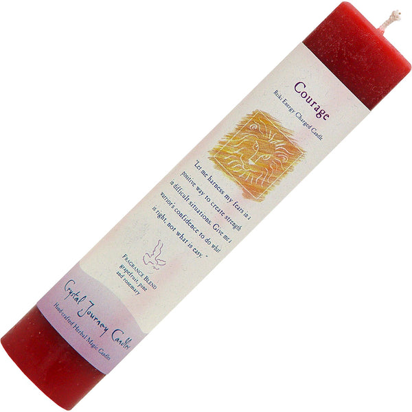 Courage Reiki Infused Manifestation Candle – golden yellow pillar candle dressed with herbs and charged for bravery, confidence, and bold action.