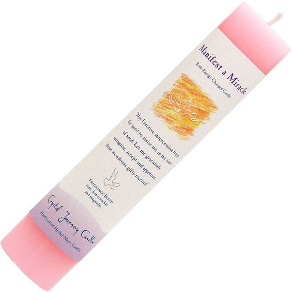 Light pink Reiki-infused pillar candle for miracle manifestation rituals, styled with clear quartz, rose petals, and handwritten intentions on a dreamy altar.


