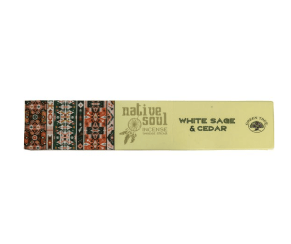 White Sage Cedar Native Soul Green Tree Incense Sticks for purification, grounding, and protection, made with natural white sage and cedarwood for a calming, balanced energy.
