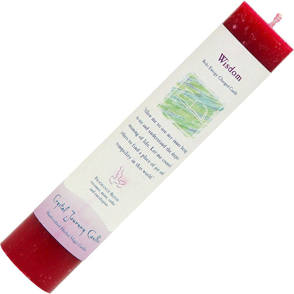 Red Reiki-infused pillar manifestation candle for strength, grounded wisdom, and ancestral rituals, styled with hematite, herbs, and smudge stick on an altar.

